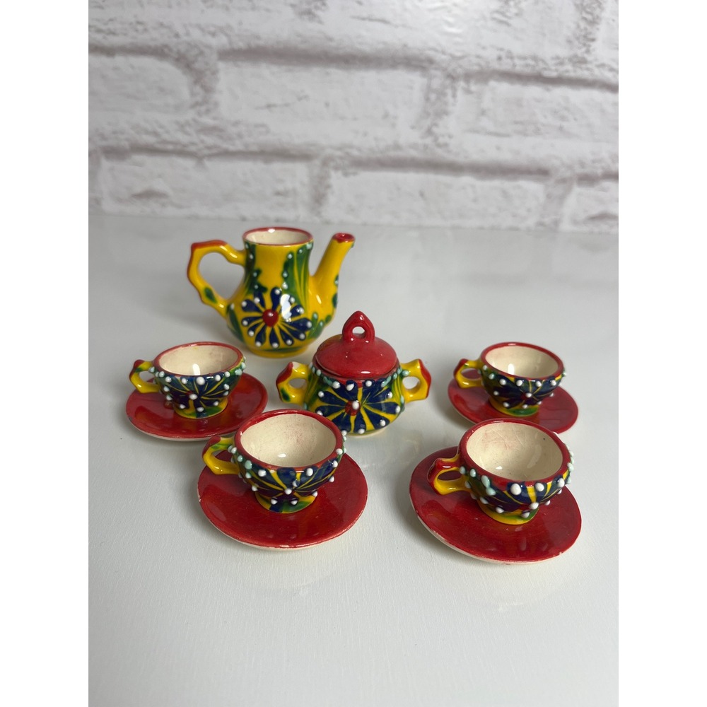 Vintage Miniature Hand Painted Ceramic Tea Set Floral Talavera Style 11 Piece
